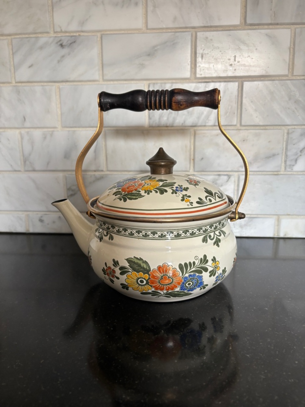 Asta Floral Enamelware Vintage Tea Kettle with Brass and Wood Handle and Lid
